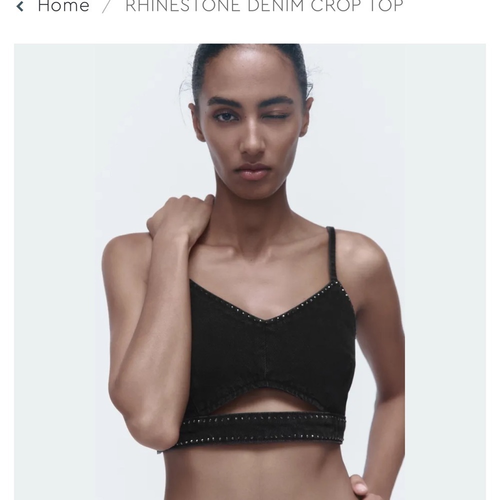 NWT Zara Black Studded Denim Crop Top Size Small